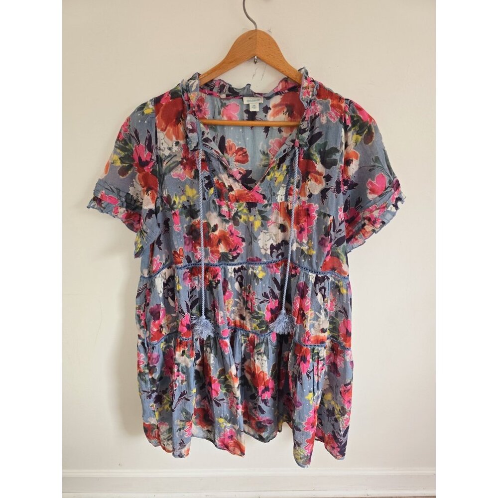 Sundance Annabelle Floral Blue Pink Cotton Dress XXL Short Sleeves Tassle Ruffle - Picture 2 of 11